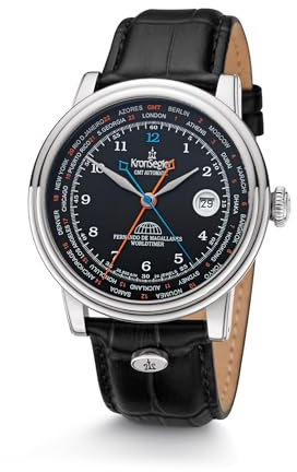 Kronsegler Fernando de Magallanes Herrenuhr Stahl - schwarz | Automatikuhr mit True GMT - zweite Zeitzone | mit Saphirglas, Lederband und Faltschließe