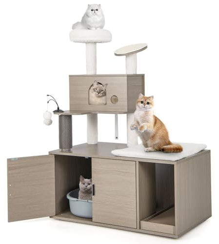COSTWAY 2-in-1 Modern Cat Tower with Condo, Top Perch, Scratching Board, Platform & Dangling Balls - Cat House Furniture with Litter Box Enclosure (95 x 55 x 132cm, 1 Condo)