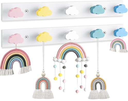 Maitys 2 Pcs Kids Coat Rack Wall Mount Kids Wall Hooks Rainbow Coat Rack Hooks for Boys Girls Toddler Cute Bathroom Decor Colorful Backpack Hanger Supplies for Clothes Hat Towel in Bedroom(Cloud)
