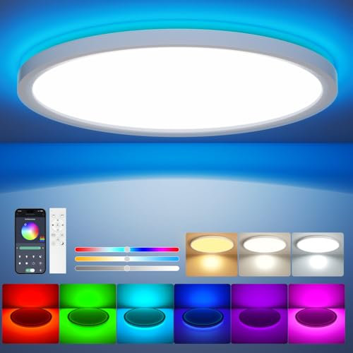 Aphyni Lampe de Plafond LED Dimmable avec Télécommande, 24W RGB Change Couleur, Plafonnier Rond Plat, 3000K-6500K, Contrôle Intelligent via App, pour Chambre, Cuisine, Salon