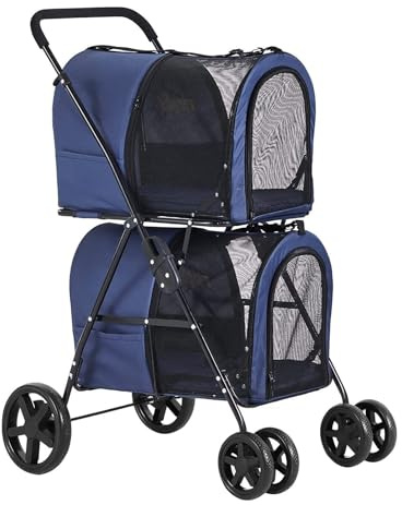 Hundewagen Hundebuggy Katzenwagen Doppelter Haustier-Kinderwagen Für Kleine Und Mittelgroße Hunde, Hunde- Und Katzen-Kinderwagen, 2 Abnehmbare Träger, 4 Feststellbare Räder, Zusammenklappbarer Wagen H