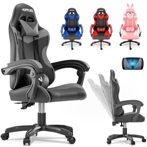 JUPPLIES Silla Gaming Profesional con Masajeador - Silla de Oficina Ergonómica, Altura Regulable y Respaldo Abatible - Silla Gamer (Gris, Acolchado Arriba, Sin Reposapiés)