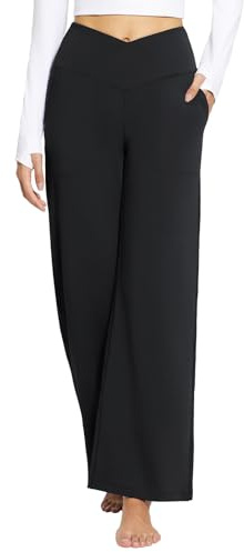 baleaf Weite Hose Damen Yogahose mit Taschen Elegant Stoffhose Hohe Taille Jogginghose Straighthose Bauchkontrolle Schlaghose Sporthose