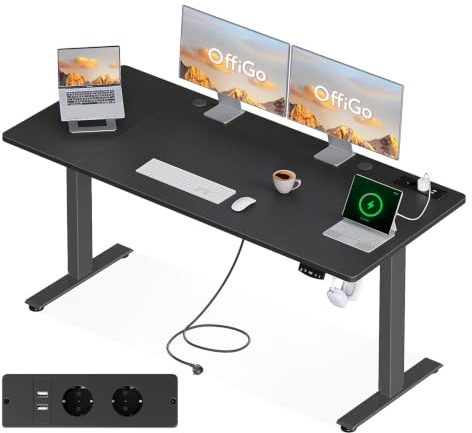 OffiGo Höhenverstellbarer Schreibtisch mit Steckdosen, 180x80cm, Schwarz | Elektrischer Schreibtisch mit USB Ladeanschluss, Schreibtisch Höhenverstellbar mit 2 Memory Funktion, Computertisch für Home
