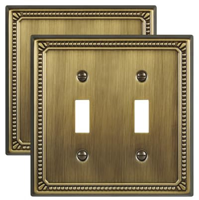ZILLSEA Piastre di copertura per interruttore della luce a doppia levetta, confezione da 2 coperture per interruttori in metallo, piastre decorative da parete con perle incassate, 2 moduli, ottone