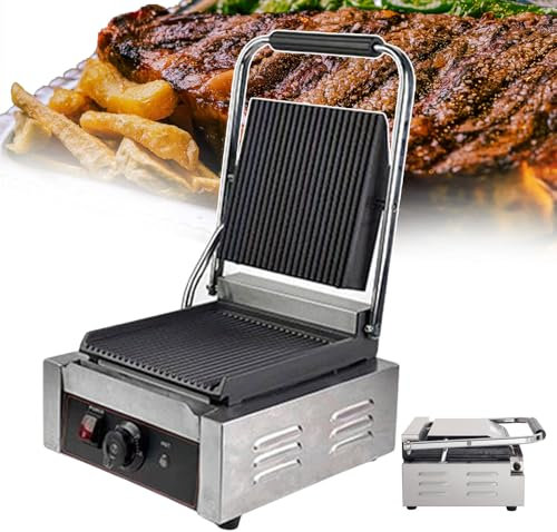 forplubossmmp Commercial Sandwich Grill Electric Contact Grill for Home Or Restaurant Use, Single-plate Platen Grill Countertop Sandwich Press w/Tempe Control 50-300℃, Easy To Use and Clean,grooved
