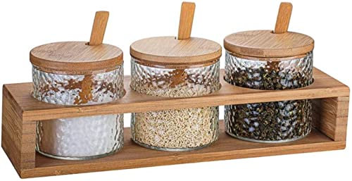 KWMAEEUID Seasoning pot,Spice Jar,Spice Jar, Glass Spice Container Seasoning Box Set,Condiment Container Kitchen Cruet Seasoning Pots with Wooden Spoon Lid and Base