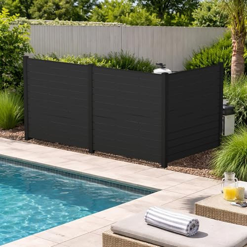 Kozyard 50 W x 48 H Outdoor Privacy Screens Aluminum Post, Air Conditioner Fence Panels, Pool Equipment Enclosure, Trash Can Screens Fence Kit for Outside Backyard Patio(Black/3Panels)