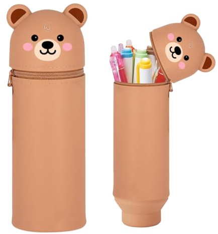 Thryviel 2-in-1 Silikon Federmäppchen, ​Kawaii 2-in-1 Schulmäppchen aus Weichem Silikon​ mit Großer Kapazität – Tier Stifthalter als Geschenk für Kinder | Kawaii Federtasche für Stifte, Braunbär