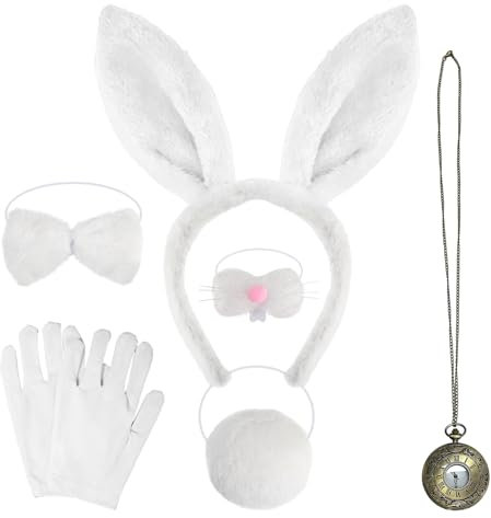 SAIIURV 6 Pieces Child Adult White Bunny Costume Set, Bunny Ears and Tail, Nose, Bow Tie, Gloves, Clock, White Rabbit Costume Fancy Dress for Easter Carnival Halloween Party (6 Pcs)