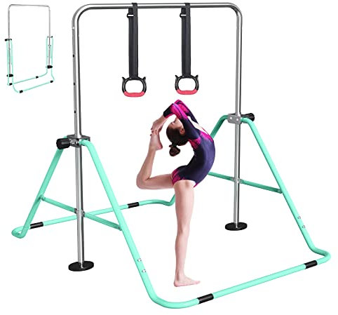 FBSPORT Barra de Gimnasia Artistica para Niñas con Altura Ajustable y Anillos, Plegable Equipo de Gimnasia para Entrenamiento en Casa, Barra de Entrenamiento de Gimnasia Expandible Junior