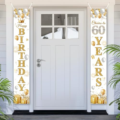 PartyYaa 60. Geburtstagsbanner, 60. Geburtstag Tür Banner Deko, Happy Birthday Banner Party Fotoautomaten Hintergrund Deko Schild Poster für Männer und Frauen (Weiß Gold)