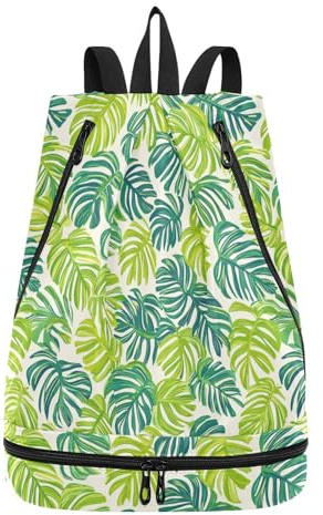 Drawstring Green Monstera Deliciosa string bags yoga small gym bags with Wet Dry Compartments, Green Monstera Deliciosa