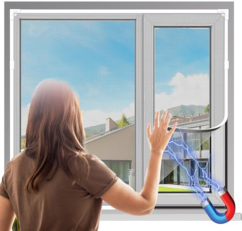 ILMFMY Magnetfliegengitter 130x150cm – Insektenschutz ohne Bohren mit selbstschließendem Glasfasernetz, Haustierfreundliches Fliegengitter für Fenster/Türen, Einfache Montage in Elegant Hellgrau