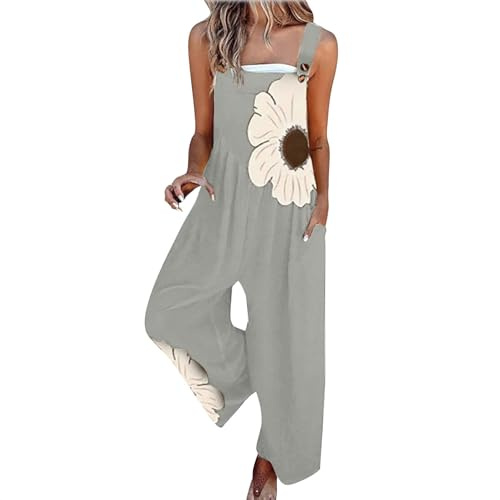 YIzdegg Salopette da donna, traspiranti, estive, motivo floreale, casual, largo, da giardino, da lavoro, senza maniche, gamba larga, per tuta, costume da lavoro, pantaloni da lavoro, grigio., XL