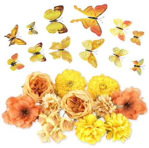 MWOOT Gelb Kunstblumen zum Basteln, Künstliche Rosen für Hochzeitssträuße Abschlusskappe Babyparty Faschingskostüme Haarreif Deko, 12 Stück Blumen Set mit 3D Schmetterlingen