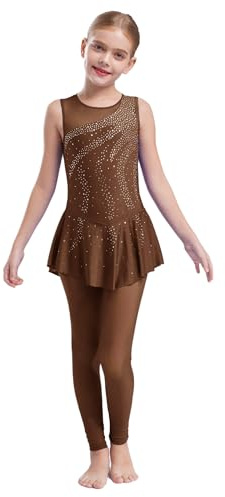 ranrann Fille Justaucorps Robe Patinage Artistique Strass sans Manches Body Danse sur Glace Leotard Gymnastique Compétition Spectacle Marron 5-6 Ans