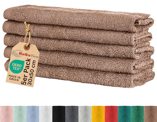 BaSaTex Gästehandtuch Frottee, 5er Pack, 30x50cm, Sand | 100% Baumwolle-Frottee, Öko-Tex Made in Green Zertifiziert, Aufhängeschlaufe, 400gm², saugstark und langlebig