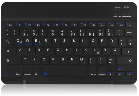 Lsmmpoba Deutsche Bluetooth Tastatur mit deutschem QWERTZ Layout, Schwarz | Ultradünn, Tragbare Kabellose, für iPad (A16)/Air/Pro/Mini, iPad 11/10.9/10.2/9.7 Zoll, Samsung/Android