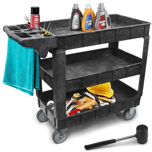 Heavy Duty 3-Tier Plastic Utility Cart on Wheels – 41x17x34 – 550 lbs Load Capacity – Rolling Tool Trolley with Removable Adjustable Shelves – Service Cart for Garage, Workshop, Warehouse