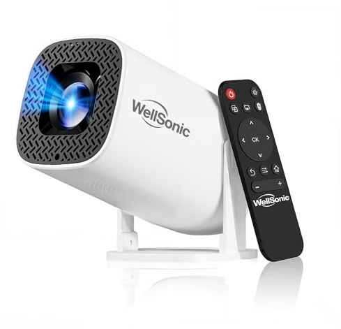 WellSonic Mini Projector with Wifi and Bluetooth, 4K Protable Smart Projector Build-in Android 14, 130 Screen Auto Keystone Movie Projector Compatible with HDMI Phone TV Stick for Bedroom Outdoor