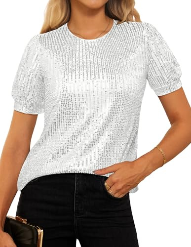 GRACE KARIN Damen Pailletten Glitzer Oberteil Party Festival Club | Rundhals,kurze Puffärmel,Elastisch,Pullover