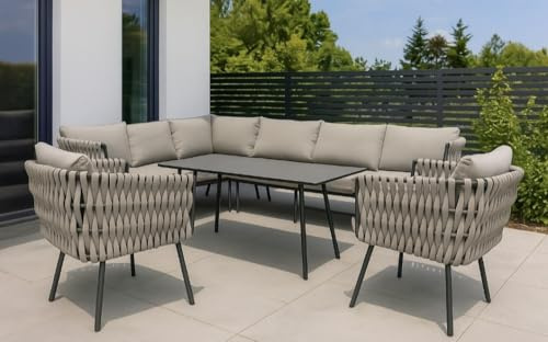 Gardissimo Dining Eck Lounge Set Abby Links Taupe für 9 Personen | Mit Ecksofa, Esstisch, 2 Sessel, Kissen inklusive, Wetterfest, Bezüge waschbar, Aluminium Rope