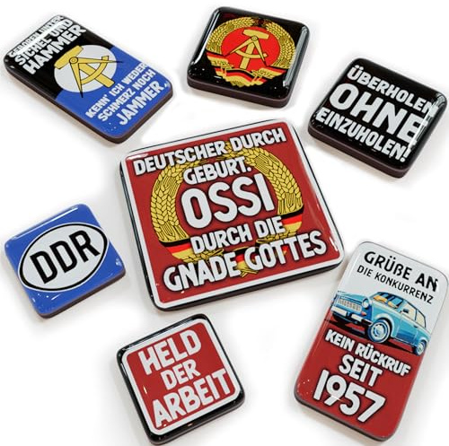 LANOLU Kühlschrankmagnete Set DDR, lustige Magnete mit Sprüchen, Set mit 7 Magneten Kühlschrank, Ossi DDR Produkte, Ostprodukte, Trabant Geschenke