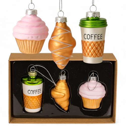 MIJOMA Glas Weihnachtsbaumschmuck 3er Set - Ausgefallene Christbaumkugeln Deko Hänger Vintage Design - Baumschmuck aus Glas mit Metallöse -Originelle Weihnachtsdeko (Kaffee & Gebäck)