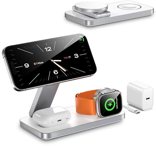 Portable 3 in 1 Wireless Charging Station for iPhone,Magsafe Charger for iPhone 17/16/15/14/13/12,Magnetic Wireless Charger Stand for Apple Watch Ultra/11-1/SE,AirPods 4/3/2/Pro，White 03