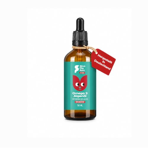 SinoPlaSan Omega 3 Algenöl vegan hochdosiert 50ml für Kinder | Mit Vitamin D3 K2, mit 250 mg DHA perfekt für Kinder dosiert, Made in Germany, Erdbeernote