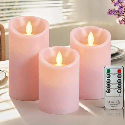 PinnWaa LED Kerzen, 3 Realistisch Flackernde Stumpenkerzen, Rosa | 10-Tasten-Fernbedienung, Timerfunktion, Batteriebetrieb, Flackereffekt, Dimmbares Licht, Weihnachtsdeko, Hochzeit und Party
