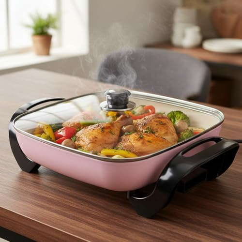 I-Keukenn 12 Ceramic Nonstick Electric Skillet with Tempered Vented Glass Lid, Scratch-Resistant Surface, Cool-Touch Handles, Removable Easy-to-Clean Design, 1200W, Vibrant Pink