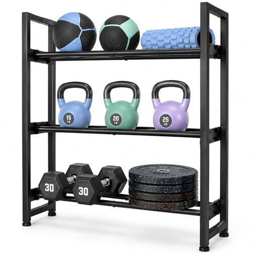 AMONAX Hantelställ med 3 nivåer, kraftigt viktförvaringsställ i stål för hemmagym, justerbara hyllskenor för hantlar, kettlebells, viktplattor och gymtillbehör, svart