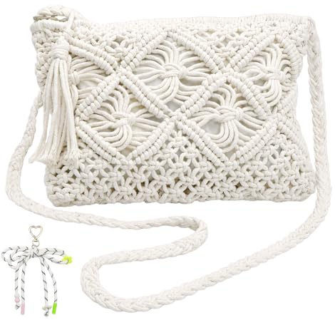 Solivive White Woven Crochet Crossbody Bag with Tassel Bow for Women, Summer Holiday Beach Travel Vacation Resort Picnic Shoulder Clutch Handbag 25x19x2cm