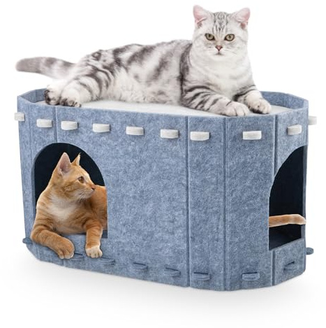 Filz Katzenhöhle Zweistöckig, Abnehmbare Waschbare Katzenhaus mit Doppelseitiger Matte, 58x33x30cm Kratzfest Katzenbett für Indoor Katzen, Vierjahreszeiten Geeignet