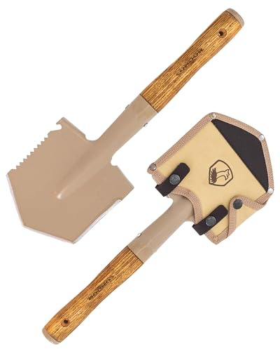 Condor Tool & Knife Condor Camping Shovel | 1045 High Carbon Steel Folding Shovel with a Burnt Hickory Handle | Survival Shovel with Canvas Molle Compatible Sheath | 1.8mm Thick | 4.26in Blade| 23.2oz