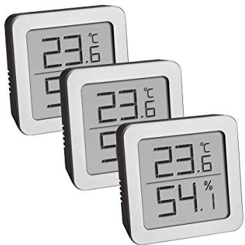TFA Dostmann Juego de 3 higrómetros digitales interiores 95.2019.54 para medir la humedad y la temperatura, con soporte magnético flexible, 90 x 70 x 115 mm, color negro y plateado