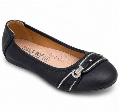Primtex Ballerines Femme Semelle Cuir Noir, Blanc, Marine, Souples Boucle argentée Strass Semelle