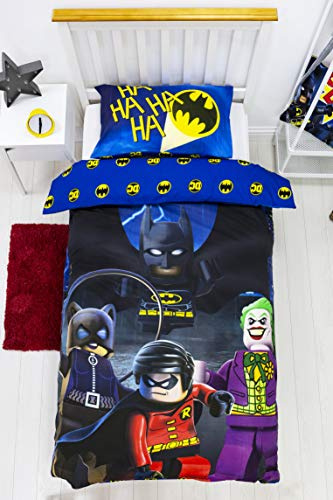 Character World Lego LG9CLGDS001UK1 Parure de lit réversible pour lit Simple pour garçons, Enfants et Adolescents Motif Batman DC Bleu