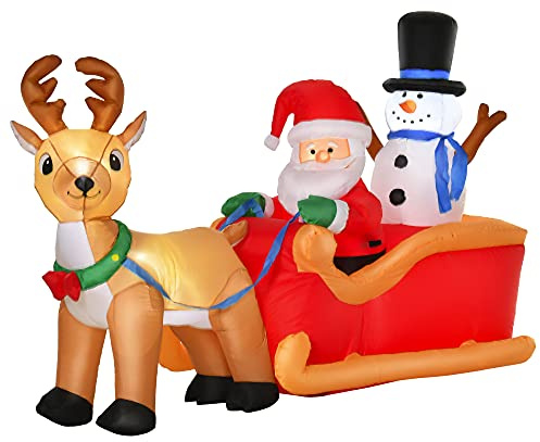 HOMCOM Aufblasbarer Weihnachtsmann auf Schlitten mit Schneemann 1,28 m | Weihnachtsdekoration, Integrierte LED-Lichter, Befestigungsmaterial, Weihnachtsdeko, Weihnachten Garten Rasen Außenbereich