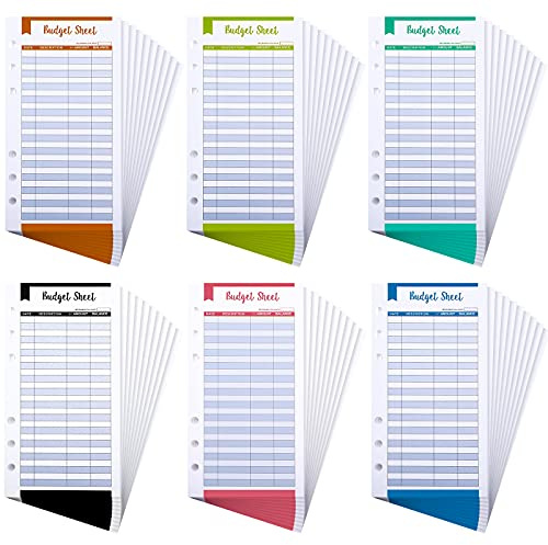 120 Pieces A6 Budget Sheets, 6 Rings Binder Expense Sheets Money Tracker Budget Inserts for Cash Envelope Planner Wallet Budgeting Organizer, 6 Colors