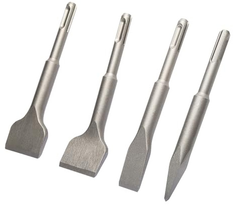 Vearter 4Tlg Meißel Set für SDS Plus Breitmeißel, Flachmeißel, Spitzmeißel und gebogener Meißel für Fliesenmauerwerk, Mauerwerk,Granit, Beton