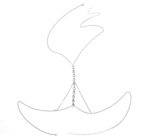 Prosy Strand Kristall BH Bikini Kette Brustkette Silber Geschirr Körperkette Sommer Nachtclub Schmuck verstellbar für Frauen und Mädchen
