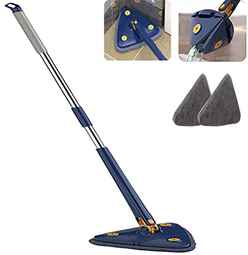 Txoify 360° Rotating Adjustable Cleaning Mop New Triangle with 2 Replacement Head Microfibre Automatic Water Crush Function Telescopic Spin for Home Floor Wall (Blue), 51.18 x 10.62 inches, (RZ109)