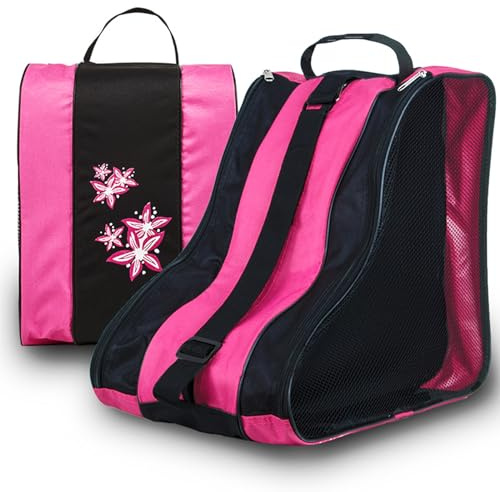 Caffney Kids Roller Skate Bag - Children's Ice and Inline Skate Carry Case, Oxford Cloth, Waterproof Tote With Adjustable Shoulder Strap (Pink)