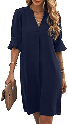 Famulily Women Fashion V-Neck Loose Fit Comfy Dress Short Bell Sleeve Work Dresses Navy Blue S