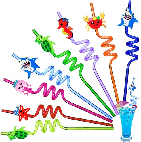 8 Pièce Animaux Marins Pailles enfants reutilisables, Bouclés Pailles plastiques réutilisables, Straws Spirale pour les Enfants, pour fête d'anniversaire d'enfants, Décoration de Table Fête