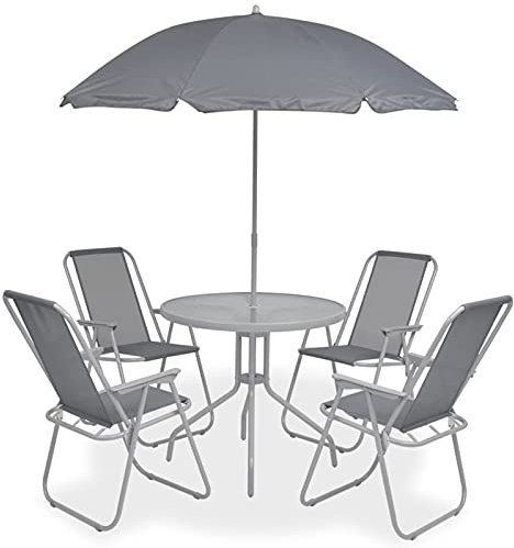 Yolola Gartenmöbel Set mit Schirm Balkonmöbel, Bistro Set 6 Teilig, Sitzgruppe Balkon Set, Tisch und 6 Stühle, Terrassenmöbel mit Armlehnen, Wetterfeste Möbel, für Garten, Terrasse, Balkon, Grau