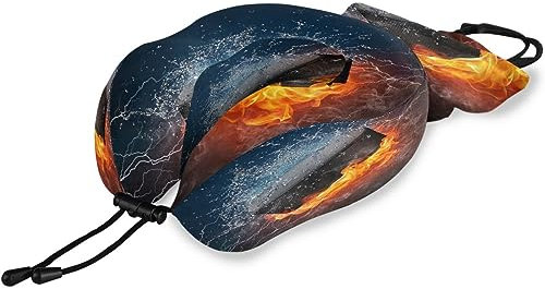 Reisekissen Ball Hockey Puck in Feuer Wasser, Memory Foam Nackenkissen Stützkissen,Weich Nackenstützkissen für Camping,Schlafrestkissen,Auto,Flugzeug